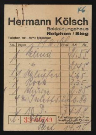 Kölsch, Hermann (Quittung)