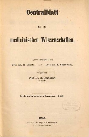 Centralblatt für die medicinischen Wissenschaften. 26. 1888