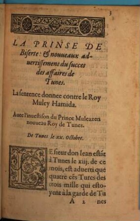 La Prinse De Biserte Et Novveavx Advertissemens Dv Svcces des affaires de Tunes : La sentence donnee contre le Roy Mulei Hamida ; Auec l'inuestison du Prince Muleazen nouueau Roy de Tunes