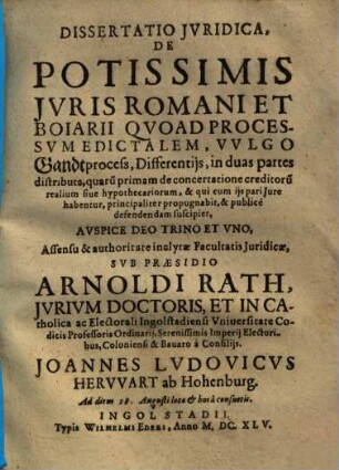 Dissertatio Iuridica De Potissimis Iuris Romani Et Boiarii Quoad Processum Edictalem, Vulgo Gandtprocess, Differentiis : in duas partes distributa. 1
