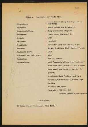 Kaiserjubiläums-Stadttheater (auch: Volksoper), Wien: Schriftstück zum Fragebogen für das Handbuch »Das Deutsche Theater«