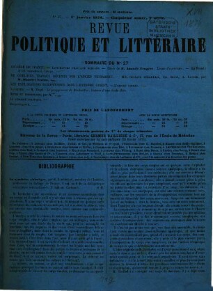 La Revue politique et littéraire : (revue bleue). 17 = 2. Sér., T. 10. 1876