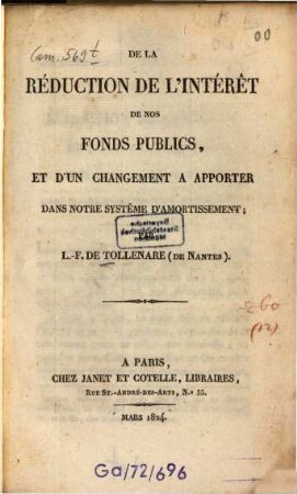 De la réduction de l'intérêt de nos fonds publics, et d'un changement à apporter dans notre système d'amortissement
