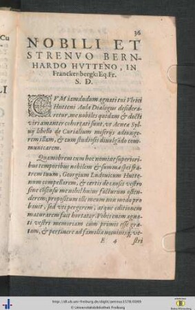 Heinrich Petreus: Nobili et strenuo Bernhardo Hutteno ... (Praefatio) & Nobilitate generis ... claro, Georgio Ludovico Hutteno ...