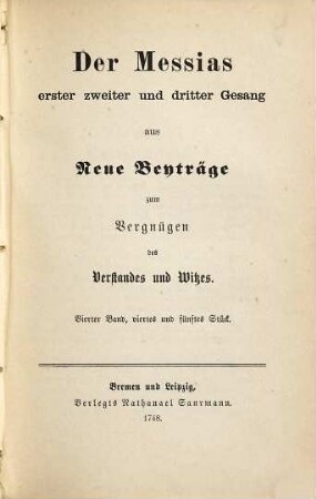 Der Messias : erster, zweiter und dritter Gesang