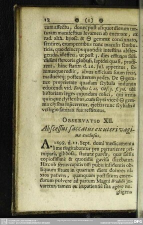 Observatio XII. Abscessus saccatus ex uteri vagina exclusus