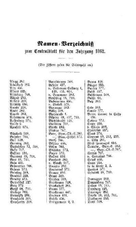 Namen-Verzeichniß zum Centralblatt für den Jahrgang 1862