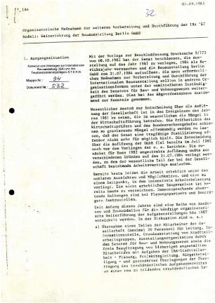 Arbeitspapier: Organisation der IBA 1987 durch Weiterführung der Bauausstellung Berlin GmbH