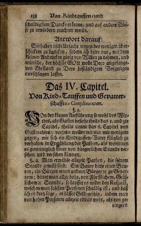 Das IV. Capitel. Von Kind-Tauffen und Gevatterschaffts-Complimenten.