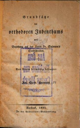 Grundsaetze des orthodoxen Judenthums mit Beziehung auf des Herrn Dr. Salomon's Sendschreiben