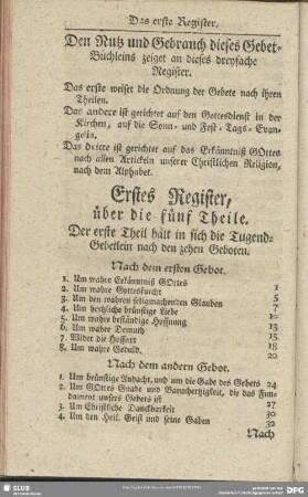 Erstes Register, über die fünf Theile