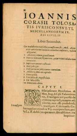 Ioannis Corasii Tolosatis Iurisconsulti, Miscellaneorum Iuris Civilis Liber Secundus.