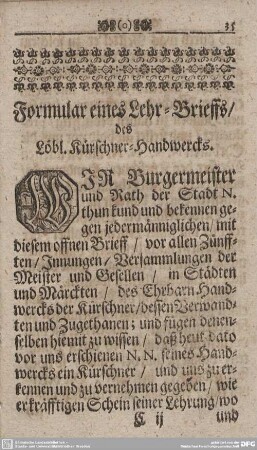 Formular eines Lehr-Brieffs/ des Löbl. Kürschner-Handwercks.