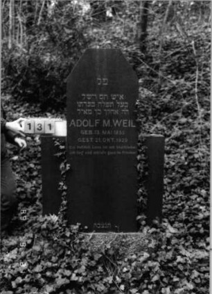 Grabstein 131 (Index: 99792709) Material: Granit Zustand: gut Maße HxBxT: 183x94x17 cm Beschreibung: Stele vor halbhoher Rückwand, Sockel, giebelartiger Abschluß, oben abgeflacht Besonderheit: Zitat Hiob 1, 8 und 2, 3: Grabstein 131
