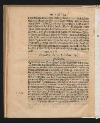 Sententia die 20. Octobris 1699. publicata.