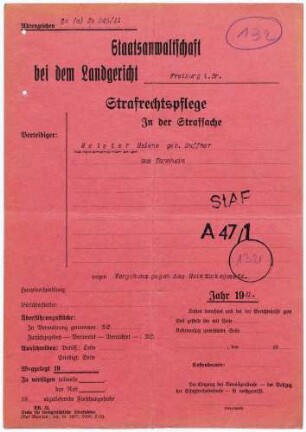 Angeklagte: Meister, Helene; Bachheim *17.05.1891 in Tannheim; + ? Delikt: Vergehen gegen das Heimtückegesetz Tatort: Bachheim Tatzeit: Juni 1941