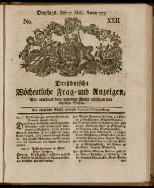 Dienstags, den 27. Maii, Anno 1777. No. XXII. - Dienstags, den 22. Julii, Anno 1777. No. XXX.