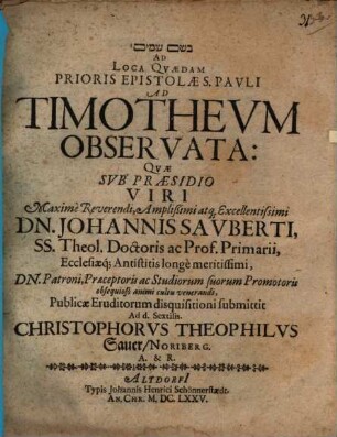 Ad loca quaedam prioris epistolae S. Pauli ad Timotheum observata