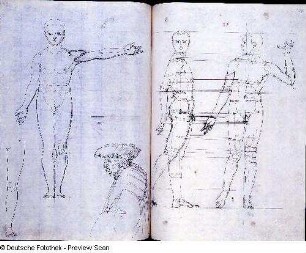 Blatt 108v und 109r: Drei Studien zu den Proportionen männlicher Figuren und Profilstudie eines alten Mannes mit Hut