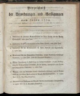 Verzeichniß der Verordnungen und Verfügungen vom Jahre 1770.