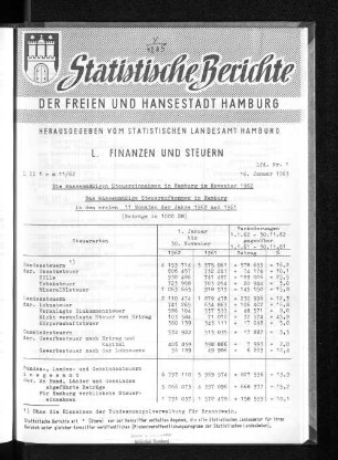 Die kassenmäßigen Steuereinnahmen in Hamburg im November 1962 : Lfd. Nr. 1