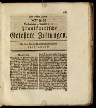 XCItes Stück Dienstags, den 12. November 1765. - Ctes Stück Freytags, den 13. December 1765.