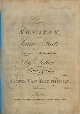 Three SONATAS, for the Piano Forte Composed & dedicated to Sig.r Salieri By LEWIS VAN BEETHOVEN. Op. 12. Ent.d at Sta. Hall