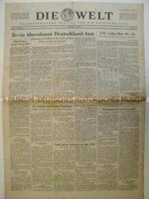Tageszeitung "Die Welt" u.a. zur Übernahme des "Deutschland-Amts" durch den britischen Außenminister Ernest Bevin