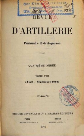 Revue d'artillerie. 8. 1876 = Année 4