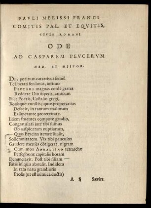 Pauli Melissi ... Ode Ad Casparem Peucerum ...