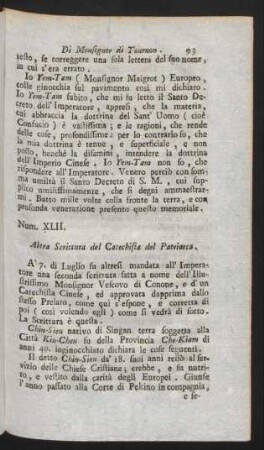Num. XLII. Altera Scrittura del Catechista del Patriarca