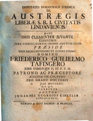 Disp. inaug. iur. de austraegis liberae Sacri Romani Imperii civitatis Lindaviensis