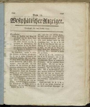 Num. 78. Westphälischer Anzeiger. Dienstags, den 1ten October 1799. - Num. 81. Westphälischer Anzeiger. Freitags, den 11ten October 1799.