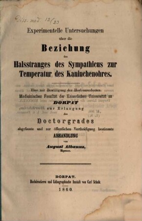 Experimentelle Untersuchungen ueber die Beziehung des Halsstranges des Sympathicus zur Temperatur des Kaninchenohres