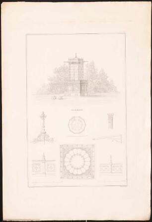 Vogelhaus: Grundriss, Ansicht, Details (aus: Architektonische Entwürfe aus der Sammlung des Architektenvereins zu Berlin, H.2, 1835)