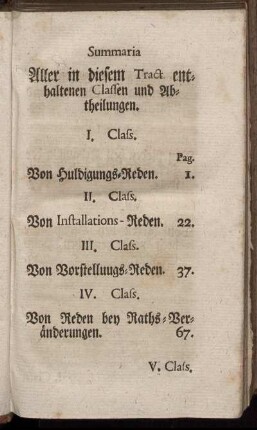 Summaria Aller in diesem Tract. enthaltenen Classen und Abtheilungen.