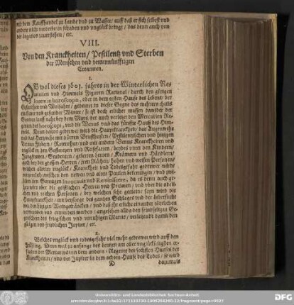 VIII. Von den Kranckheiten/ Pestilentz vnd Sterben der Menschen vnd vnuernünfftigen Creaturen.
