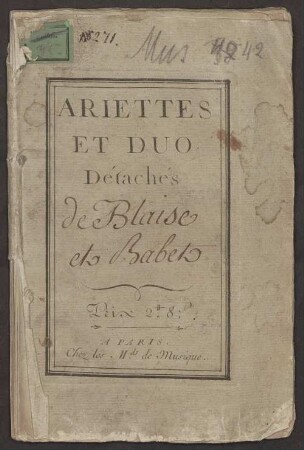 Ariettes et Duo détachés - Musiksammlung der Grafen zu Toerring-Jettenbach Dr 10 : (de Blaise et Babet)