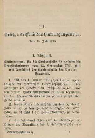 III. Gesetz, betreffend das Hinterlegungswesen. Vom 19. Juli 1875.