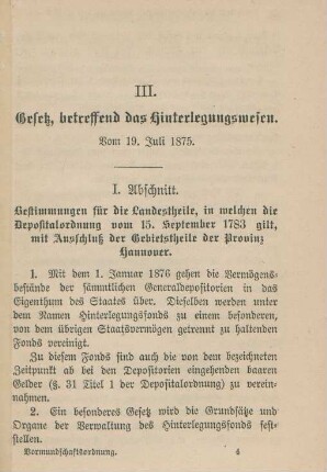 III. Gesetz, betreffend das Hinterlegungswesen. Vom 19. Juli 1875.