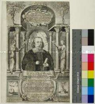 Porträt des lutherischen Theologen Abraham Calovius vor einer Architekturkulisse