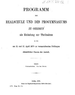 Programm der Herzoglichen Realschule und des Progymnasiums zu Ohrdruf. 1877/78