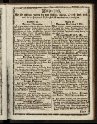 Verzeichniß, Wie die ordinari Posten bey dem Kaiserl. Königl. Oberst-Hof-Postamte in der Haupt- und Residenzstadt Wien ankommen, und abgehen.