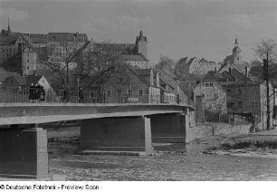 Blick über die Zwickauer Mulde auf Colditz mit Brücke, Schloss und Stadtkirche Sankt Aegidien