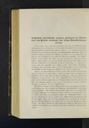 Technische Fortschritte unserer Kolonien in Afrika und der Südsee während des letzten Berichtsjahres 1910/11.