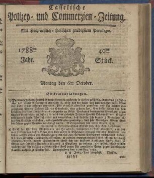 40tes Stueck, Montag den 6ten October. 1788