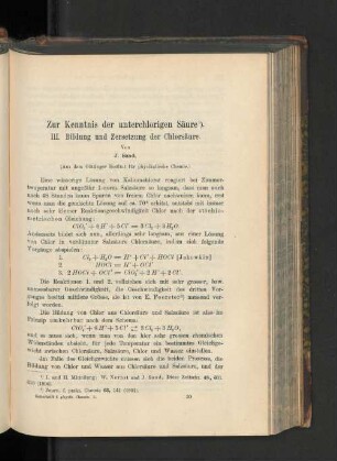 Zur Kenntnise der unterchlorigen Säure. III. Bildung und Zersetzung der Chlorsäure