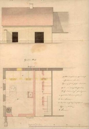 Platzhof, Remise. B: Grund-, Auf- und Durchschnittsriss der unteren Remise auf der Fürstlichen Domaine Platzhof, in welche eine Brandweinbrennerei eingerichtet werden soll pro 1849. S: aufgenommen und gezeichnet von Haug, Bauführer, Öringen den 28. Septemper 1849.