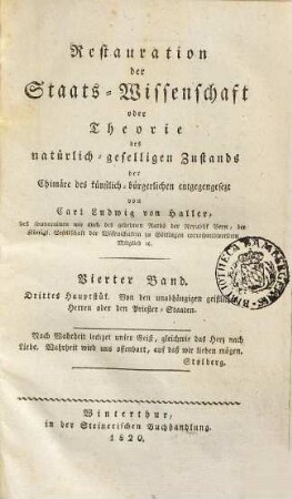 Restauration der Staats-Wissenschaft oder Theorie des natürlich-geselligen Zustands der Chimäre des künstlich-bürgerlichen entgegengesezt, 4. Band. Von den unabhängigen geistlichen Herren oder den Priester-Staaten ; 3. Hauptstück
