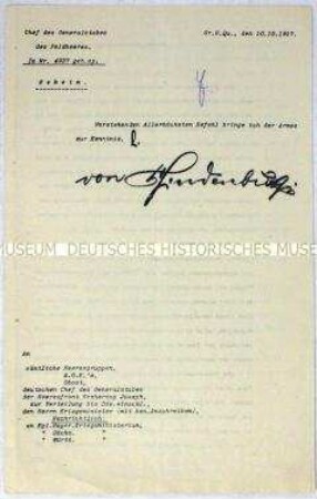 Rundschreiben mit der Abschrift eines Befehls Kaiser Wilhelms II. betreffend die Leistungsfähigkeit der Truppen